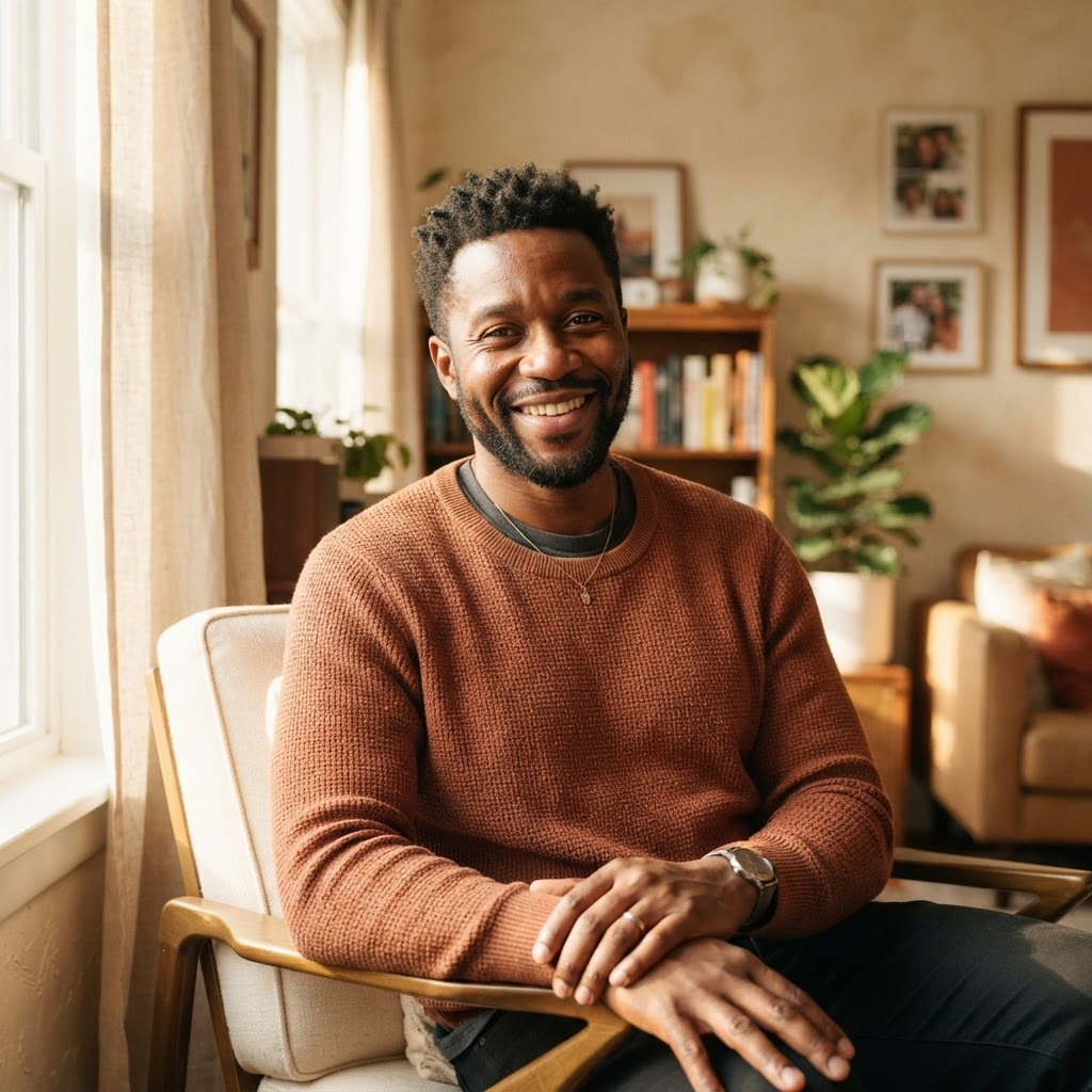 Portrait of the founder, a father, smiling warmly in a sunlit home