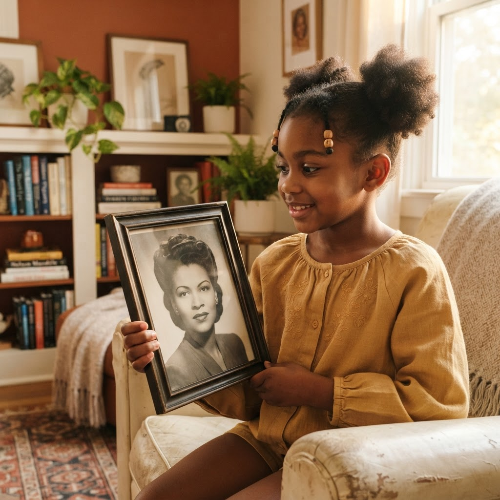 A young Black girl holding and admiring a black-and-white portrait of a remarkable Black woman