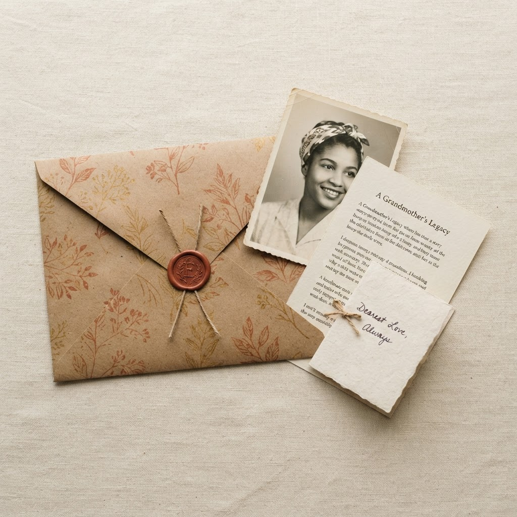 A decorated 9x12 envelope with its contents sliding out — a black-and-white portrait of a Black woman, a printed story, and a keepsake note card