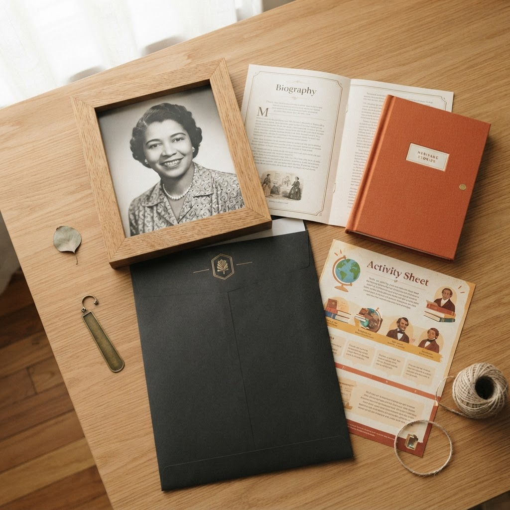 A flat-lay of the monthly package contents — a large 9x12 catalog envelope, a framed black-and-white portrait of a Black woman, a printed biography, a terracotta keepsake binder, and a hands-on activity sheet